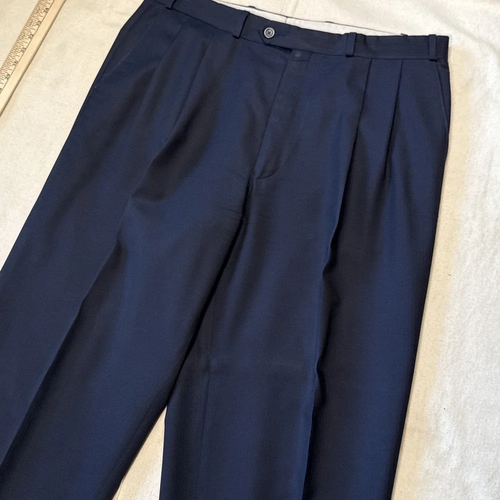 vtg 90s Ralph Lauren Chaps 44R 34x39 Navy 2pc Pant Suit Wool Cuffed Pleated